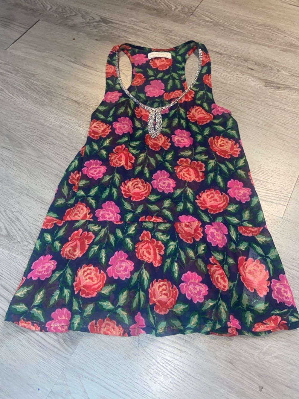 Abercrombie & Fitch Navy Sheer Tank Top with Pink & Coral Floral Print M